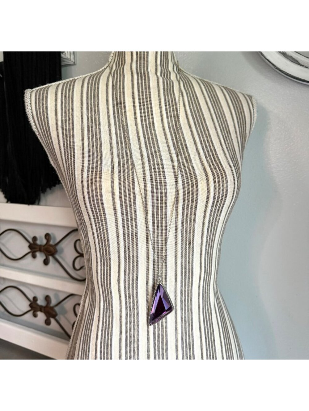 Long Silver Tone Necklace with Large Triangular Purple Rhinestone Pendant